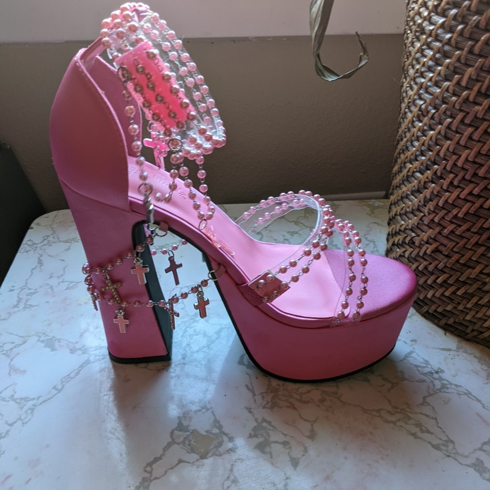 Discontinued angel Catholic rosary platform shoes from sugar thrillz